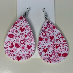 Pink Love Pattern Teardrop Faux Leather Earrings